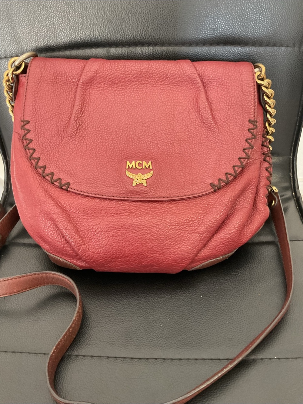 MCM Burgundy Red Pebbled Leather Crossbody with Gold Hardware